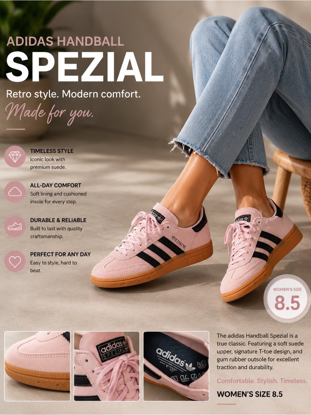 adidas Pink and Black Handball Spezial Women's Sneakers